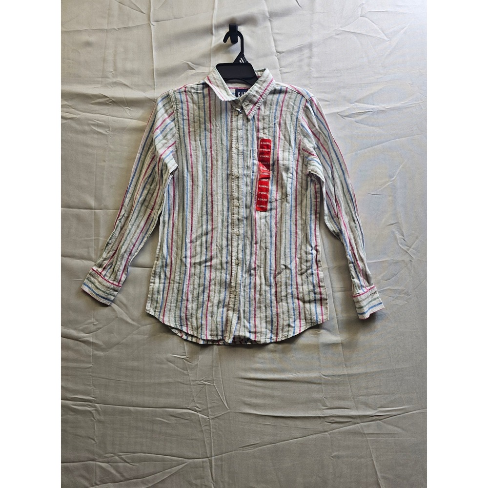 GAP Linen Button Down Top Beetroot Multi Stripe Long Sleeve Shirt XS GP004697